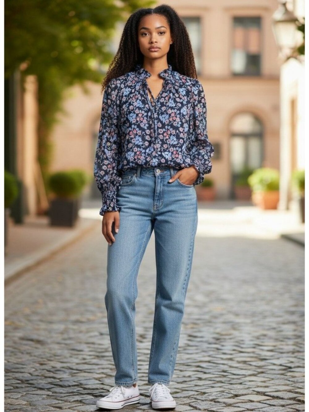 Loft Floral Ruffle Blouse Navy Pink S Long Sleeves Lightweight Fabric Polyester